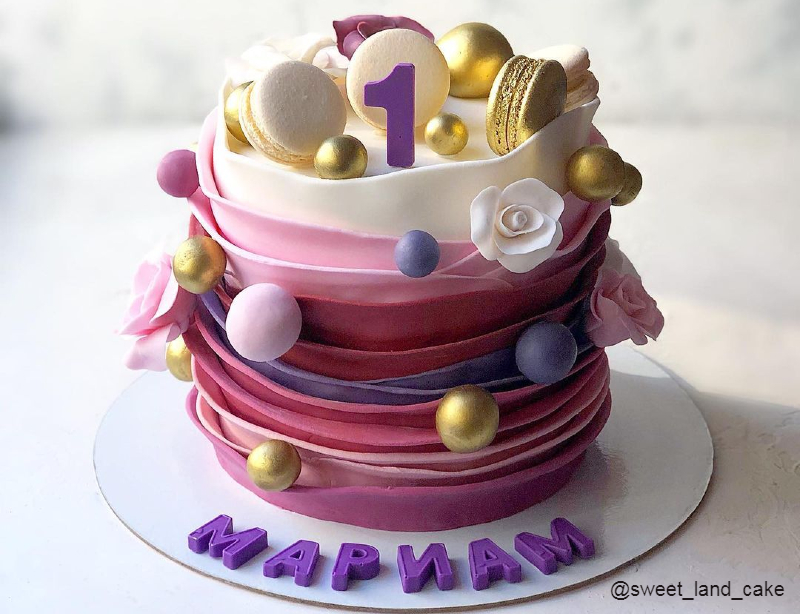 Мастичное оформление тортика для девочки на 1 год волны и шары