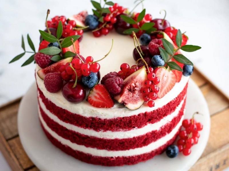 Открытый торт Красный бархат с ягодным фруктовым венком